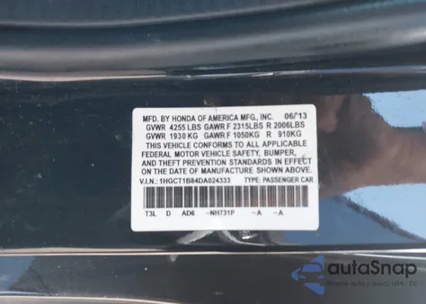 2013 Honda Accord Ex-L from USA, damaged, VIN 1HGCT1B84DA024333